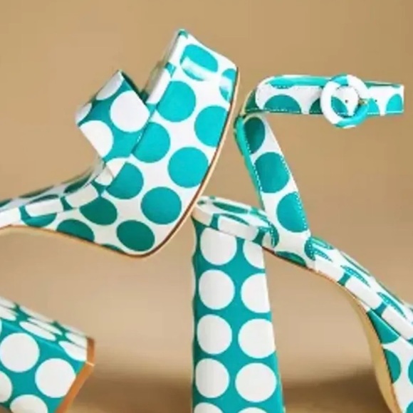 Anthropologie Larroude Dolly Platform Sandal Green White Patent Polka Dot - Picture 6 of 10